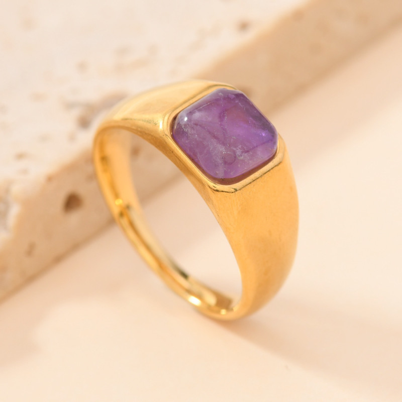 European and American Cross-Border Hot-Selling Titanium Steel Jewelry Casting Inlaid Geometric Natural Stone Ring Light Luxury Simple Couple Ring Wholesale