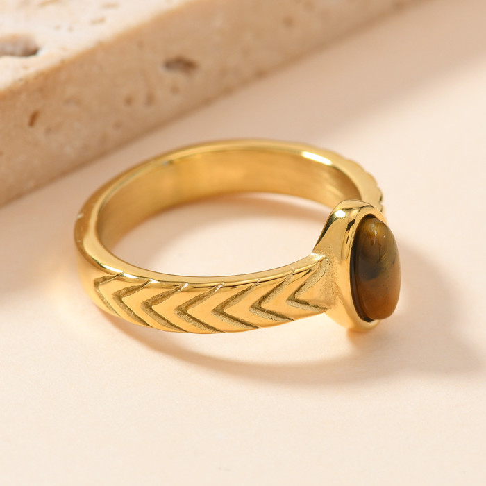 Design Sense Casting Inlaid Oval Natural Stone Titanium Steel Ring Gorgeous Fashion 18K Gold Plated Stainless Steel J...