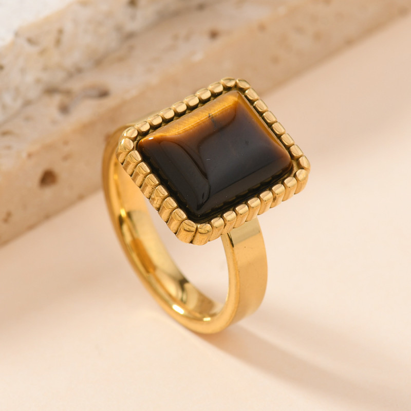 European and American Cross-Border Stainless Steel Jewelry Casting Polka Dot Rectangular Natural Stone Ring Fashion Couple Ring Manufacturer