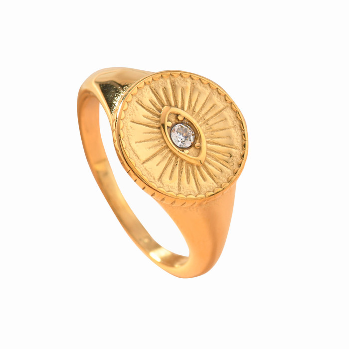 European and American Retro Devil's Eye Ring Fashion Versatile Cast Round Plate Eye Inlaid Diamond Ring Stainless Steel Jewelry