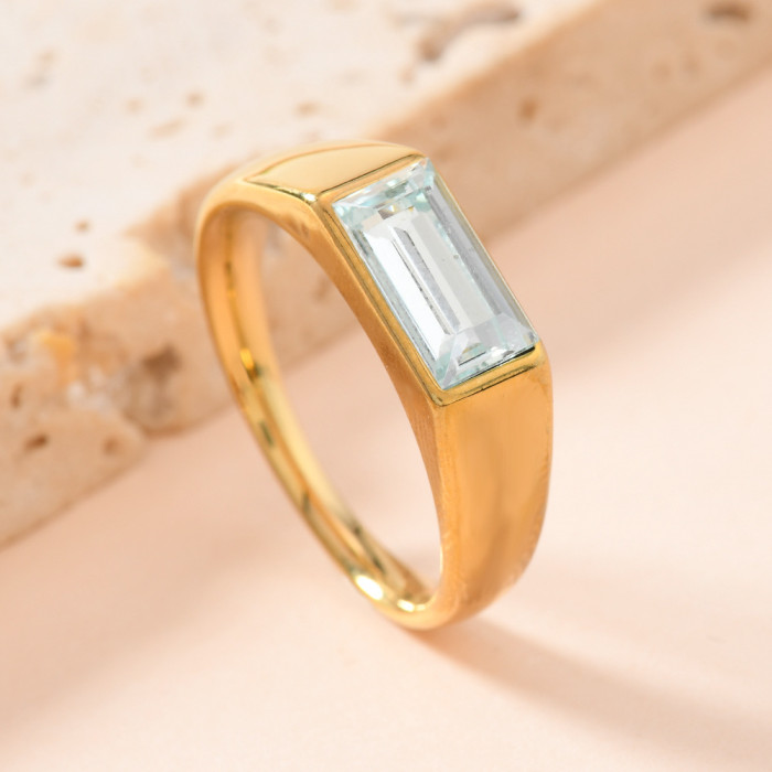 Cross-Border Fashion Simple Ring for Women, Unique Trendy Cast Rectangular Colorful Diamond Ring, 18K Gold Plated Ring Jewelry