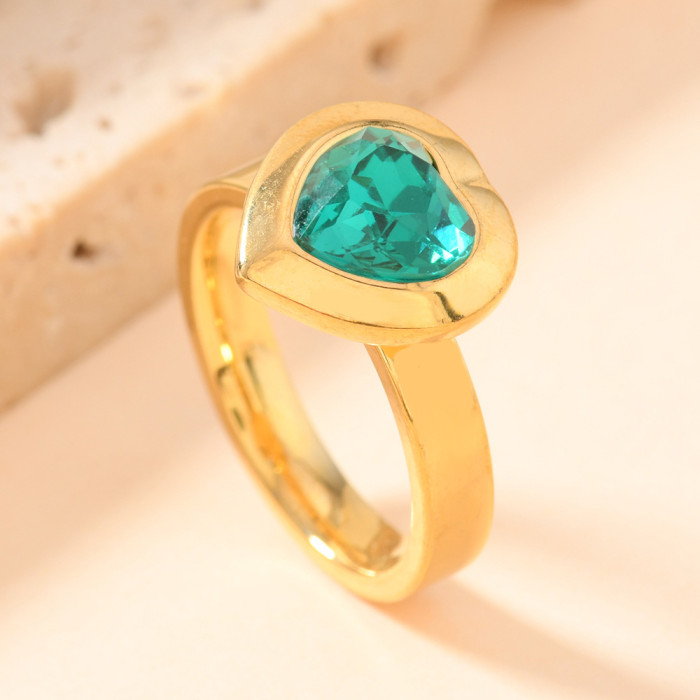 Cross-Border European and American Stainless Steel Jewelry Casting Heart Zircon Ring for Women Niche High-End Feel 18K Gold Plated Ring Factory