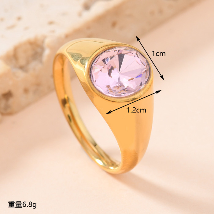Fashion Stainless Steel Ring Fashionable Personality Cast Oval Inlaid with Colored Stones Ring for Women Light Luxu...