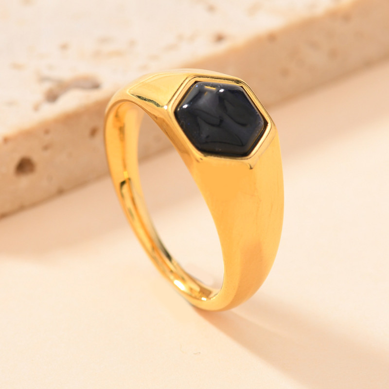 Cross-Border European and American Style Stainless Steel Jewelry Light Luxury Style Cast Hexagonal Natural Stone Gemstone Titanium Steel Ring Wholesale