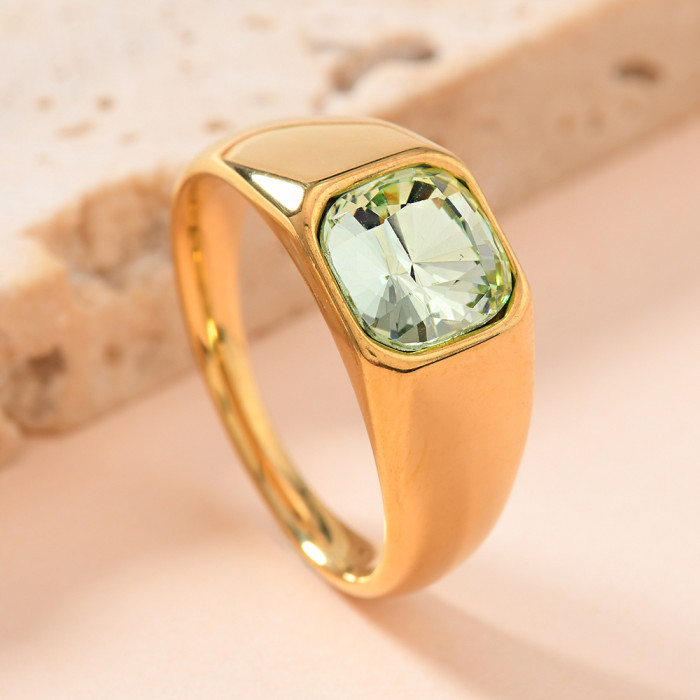 European and American Cross-Border Stainless Steel Casting Jewelry Unisex Square Colored Diamond Ring 18K Gold Plated Zircon Ring