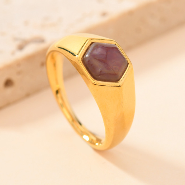Cross-Border European and American Style Stainless Steel Jewelry Light Luxury Style Cast Hexagonal Natural Stone Gemstone Titanium Steel Ring Wholesale