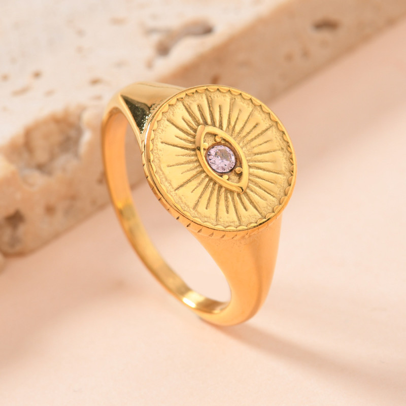 European and American Retro Devil's Eye Ring Fashion Versatile Cast Round Plate Eye Inlaid Diamond Ring Stainless Steel Jewelry