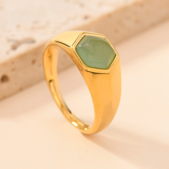 Cross-Border European and American Style Stainless Steel Jewelry Light Luxury Style Cast Hexagonal Natural Stone Gemstone Titanium Steel Ring Wholesale