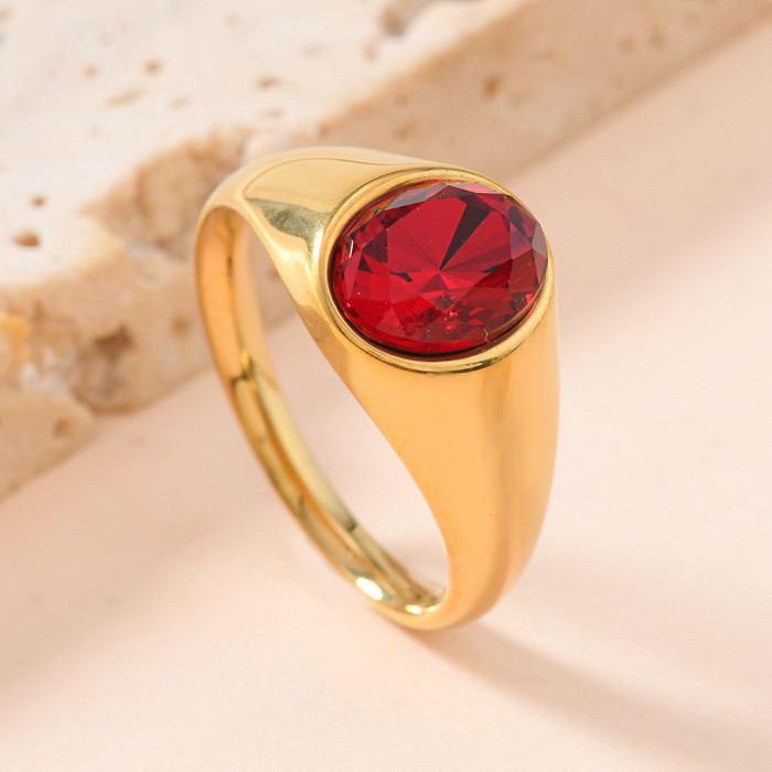 Fashion Stainless Steel Ring Fashionable Personality Cast Oval Inlaid with Colored Stones Ring for Women Light Luxu...