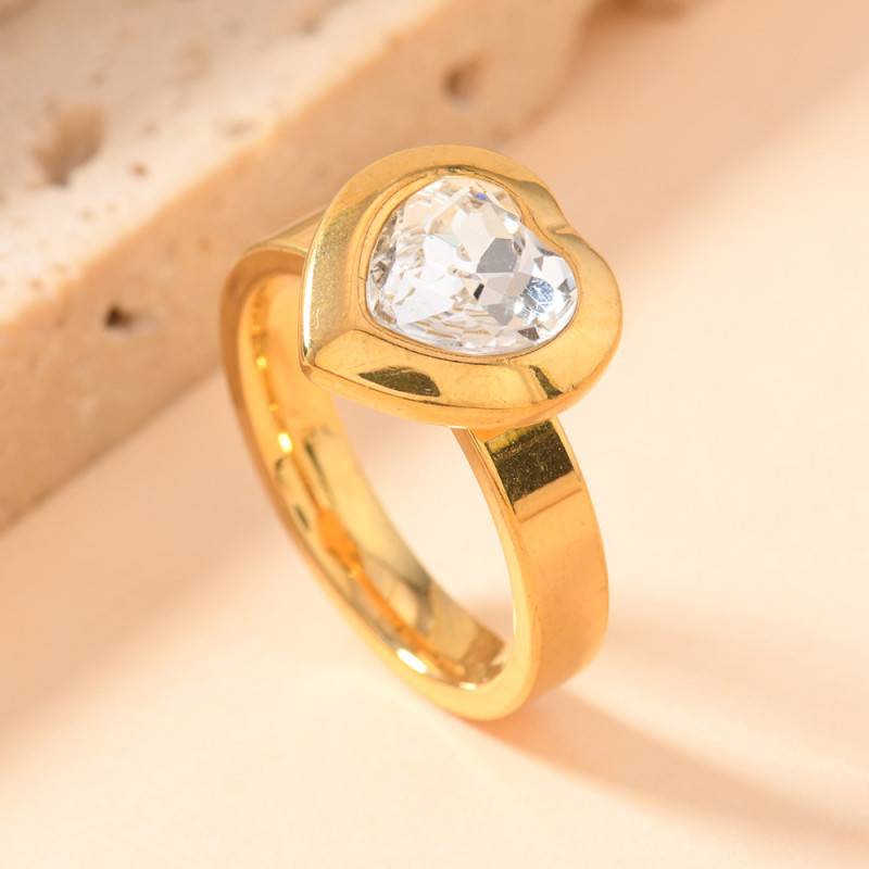Cross-Border European and American Stainless Steel Jewelry Casting Heart Zircon Ring for Women Niche High-End Feel 18K Gold Plated Ring Factory