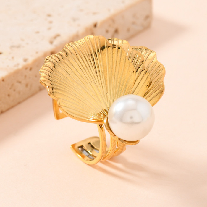 Titanium Steel Ring Personality Fashion Hydraulic Flower Inlaid Pearl Open Ring Simple Stainless Steel Jewelry