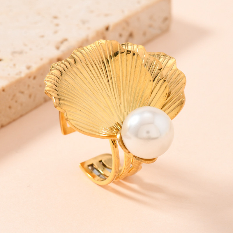 Cross-Border European and American Titanium Steel Ring Personality Fashion Hydraulic Flower Inlaid Pearl Open Ring Simple Stainless Steel Jewelry