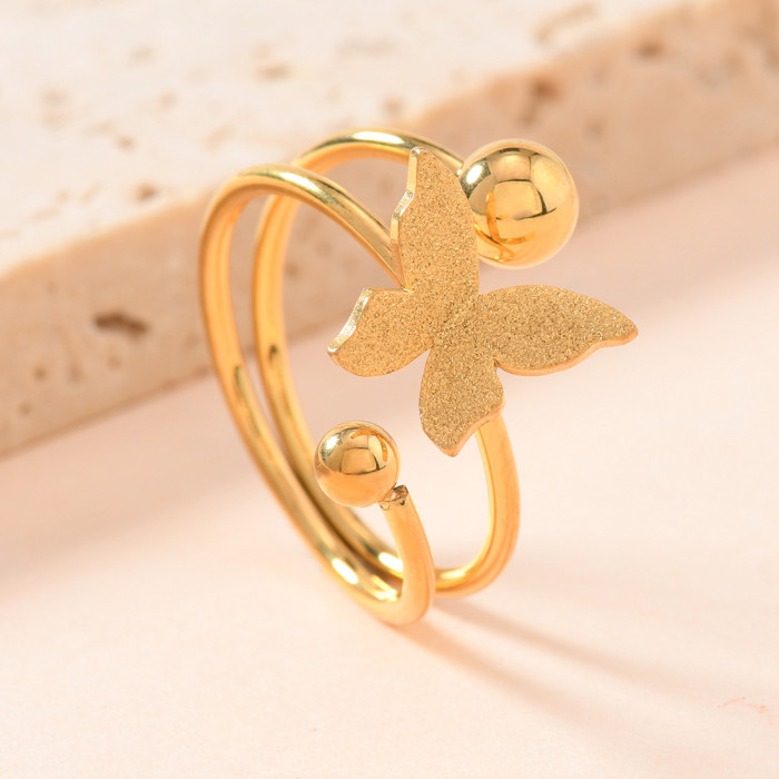 Cross-Border European and American Style Stainless Steel Ring Light Luxury Temperament Frosted Butterfly Welded Steel Ball Ring Women's Open Hand Jewelry Wholesale