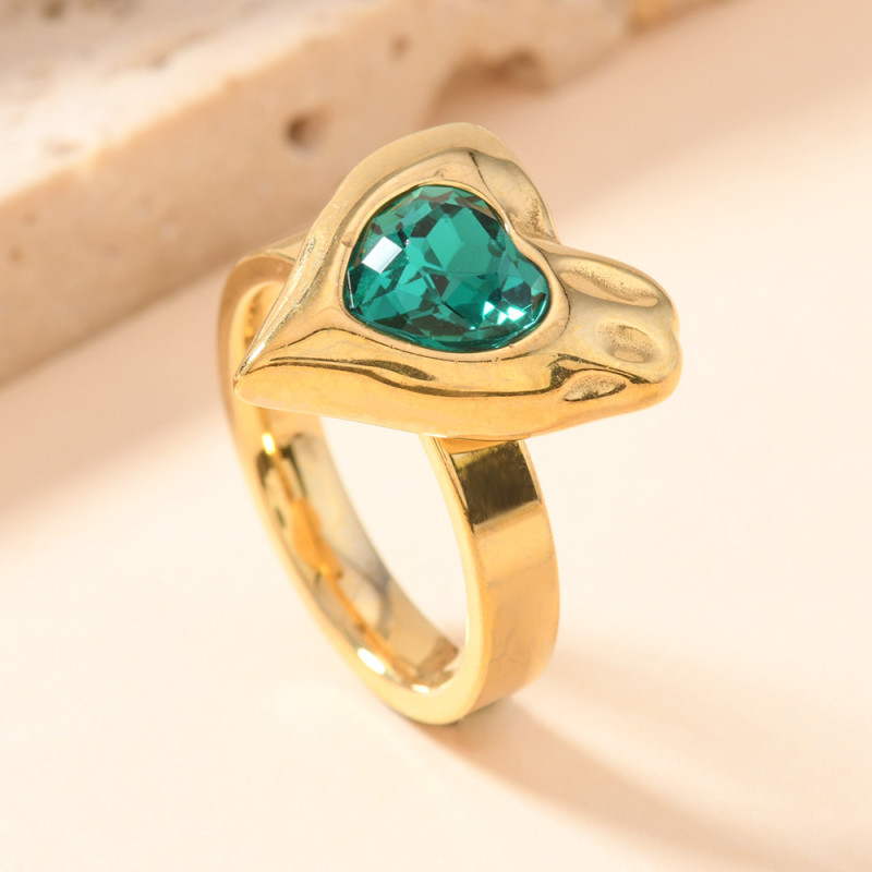 European and American New Style Titanium Steel Jewelry Welded Heart Natural Stone Ring for Women Light Luxury Personality Couple Ring Wholesale Factory