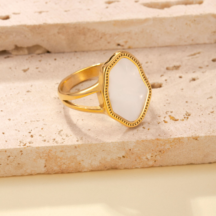 Hot-Selling Stainless Steel Ring Embossed Irregular White Shell Index Finger Ring Vintage High-End Titanium Steel Jew...
