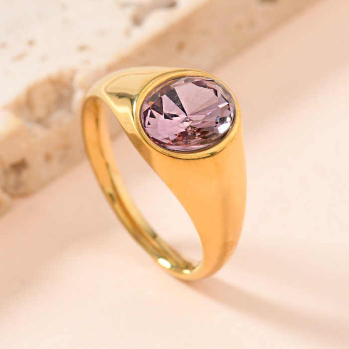 Fashion Stainless Steel Ring Fashionable Personality Cast Oval Inlaid with Colored Stones Ring for Women Light Luxu...