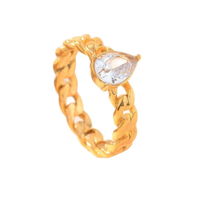 Cross-border New Titanium Steel Ring Fashion Water Drop Shape Inlaid Zircon Chain Ring Light Luxury High-end Feel Stainless Steel Jewelry