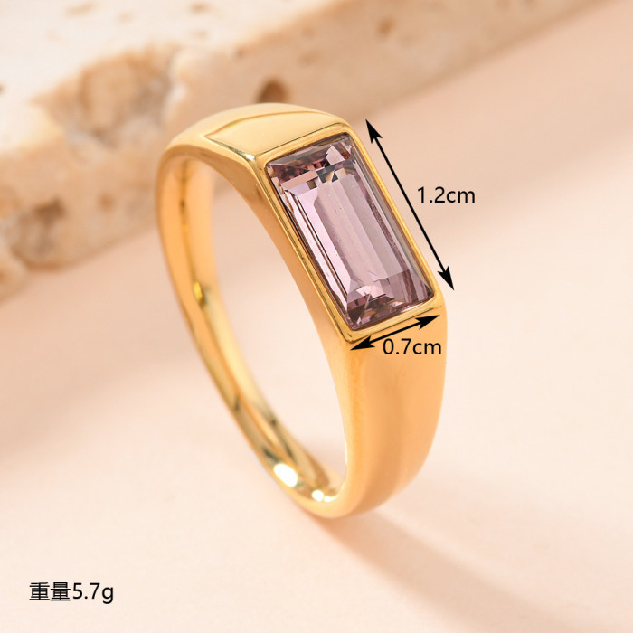Cross-Border Fashion Simple Ring for Women, Unique Trendy Cast Rectangular Colorful Diamond Ring, 18K Gold Plated Ring Jewelry