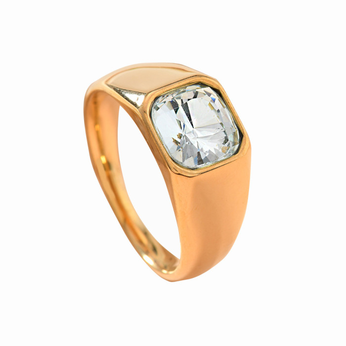 European and American Cross-Border Stainless Steel Casting Jewelry Unisex Square Colored Diamond Ring 18K Gold Plated Zircon Ring