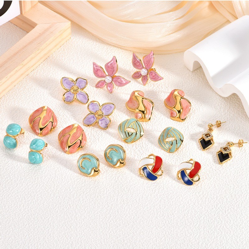 European and American Style Small Fragrance Stainless Steel Earrings High-end Sense Earrings Elegant Versatile Simple Roselle Oil Drop Stud Earrings Exquisite