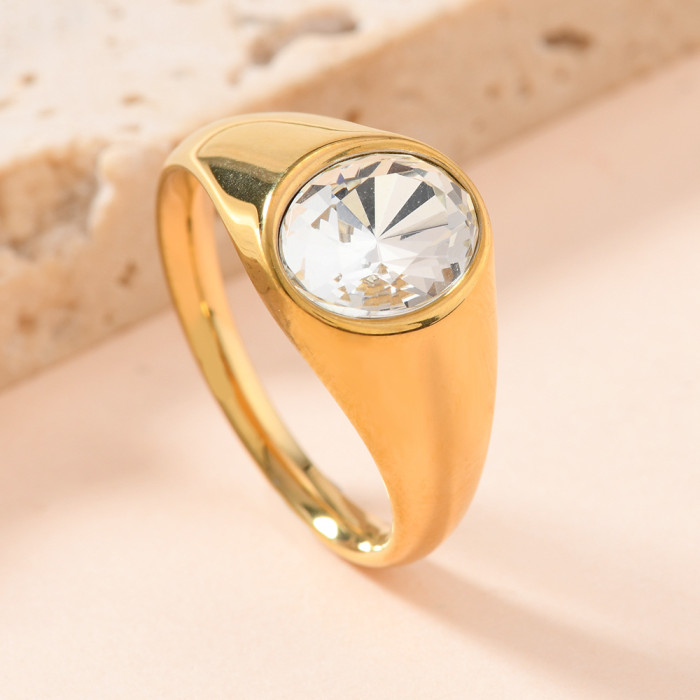Fashion Stainless Steel Ring Fashionable Personality Cast Oval Inlaid with Colored Stones Ring for Women Light Luxu...