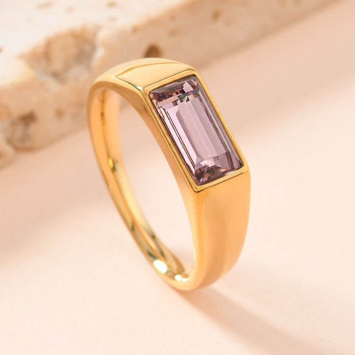 Cross-Border Fashion Simple Ring for Women, Unique Trendy Cast Rectangular Colorful Diamond Ring, 18K Gold Plated Ring Jewelry