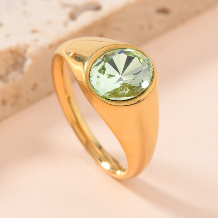 Fashion Stainless Steel Ring Fashionable Personality Cast Oval Inlaid with Colored Stones Ring for Women Light Luxu...