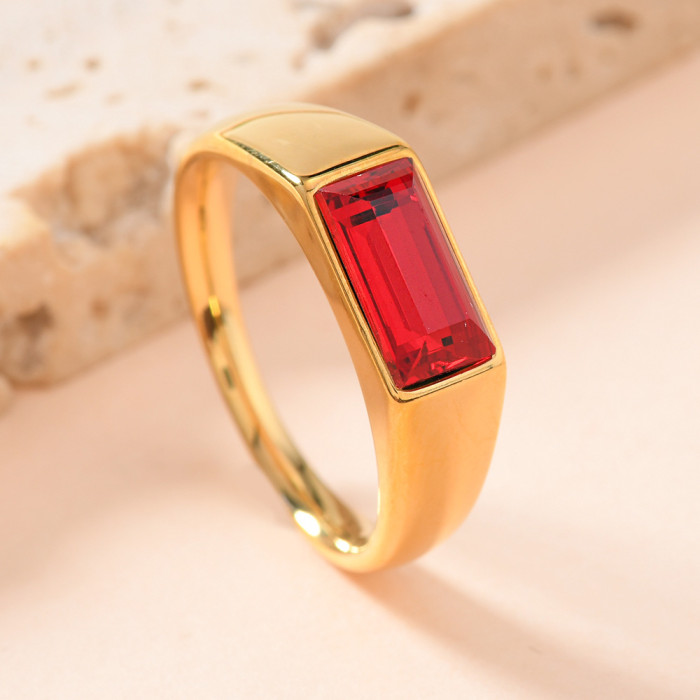 Cross-Border Fashion Simple Ring for Women, Unique Trendy Cast Rectangular Colorful Diamond Ring, 18K Gold Plated Ring Jewelry