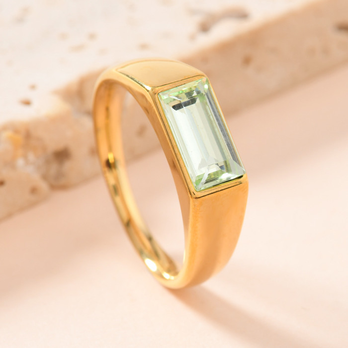 Cross-Border Fashion Simple Ring for Women, Unique Trendy Cast Rectangular Colorful Diamond Ring, 18K Gold Plated Ring Jewelry