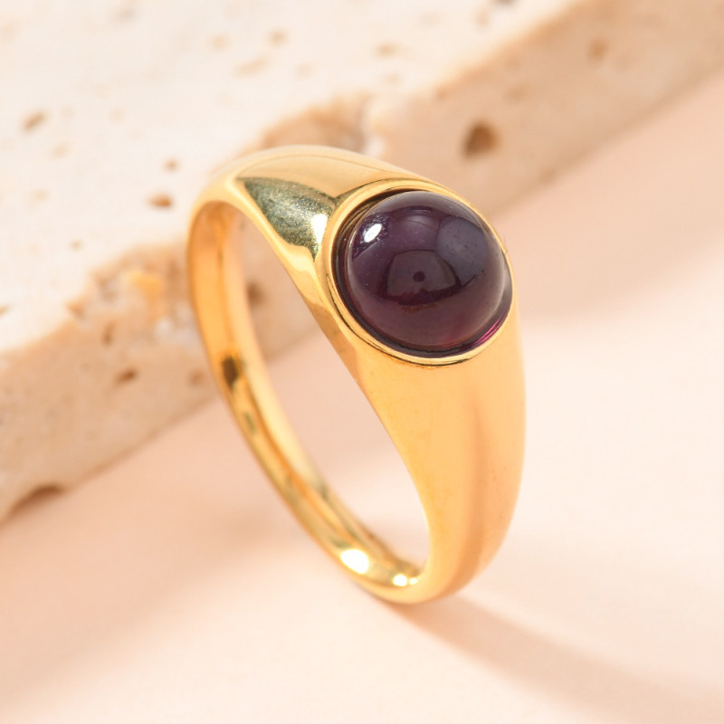 Cross-Border Fashion Stainless Steel Casting Jewelry Palace Style Casting Round Inlaid Natural Stone Titanium Steel Ring Manufacturer