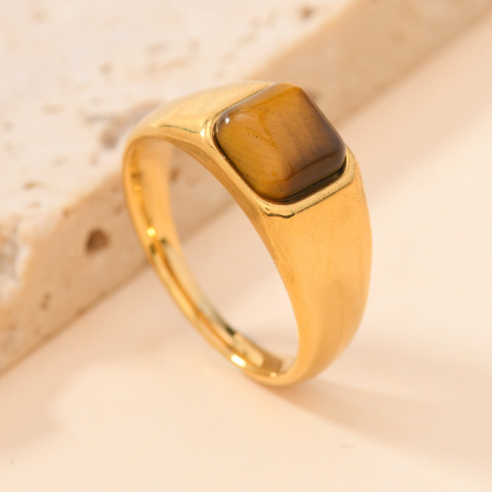 European and American Cross-Border Hot-Selling Titanium Steel Jewelry Casting Inlaid Geometric Natural Stone Ring Light Luxury Simple Couple Ring Wholesale