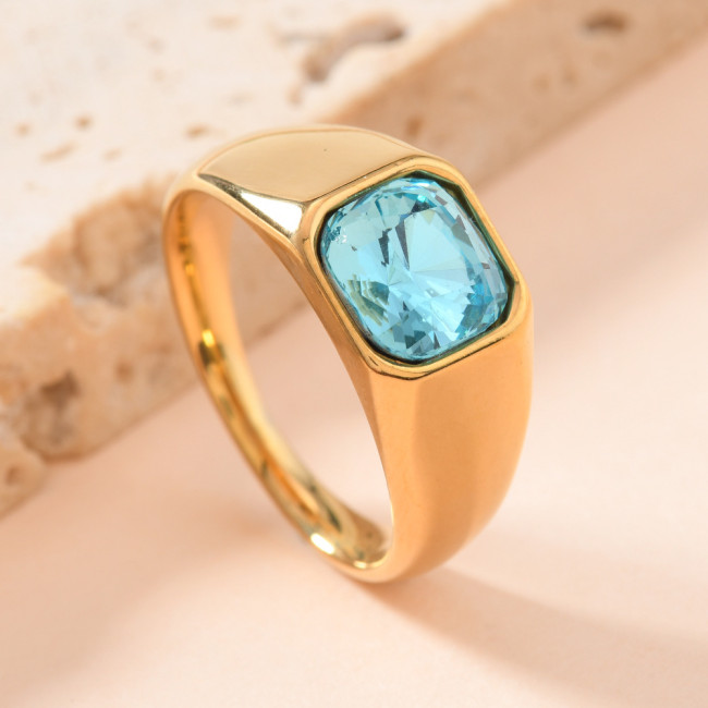 European and American Cross-Border Stainless Steel Casting Jewelry Unisex Square Colored Diamond Ring 18K Gold Plated Zircon Ring
