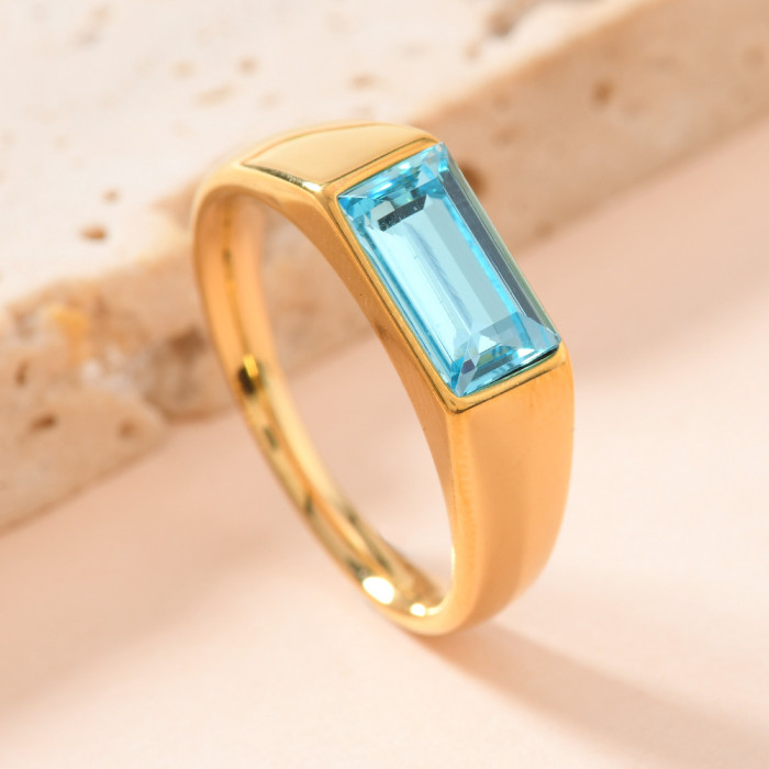 Cross-Border Fashion Simple Ring for Women, Unique Trendy Cast Rectangular Colorful Diamond Ring, 18K Gold Plated Ring Jewelry