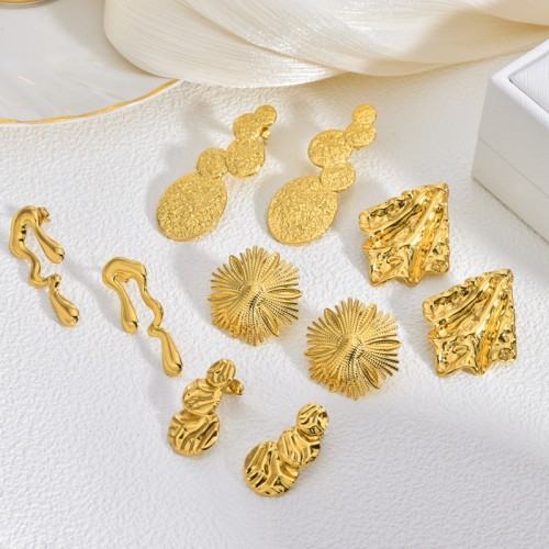 European and American Retro Gold Stainless Steel Earrings Niche High-end Bohemian Geometric Texture Women's Exaggerated Ear Jewelry