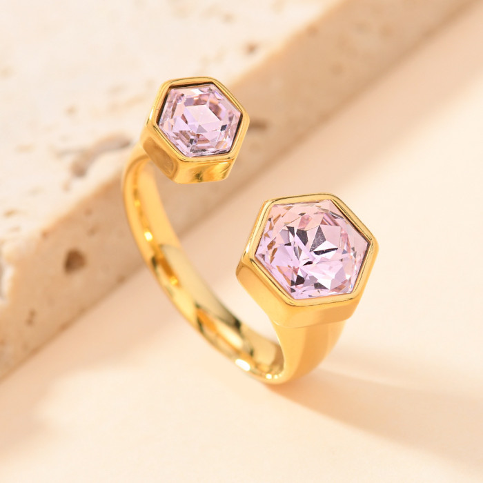 New Stainless Steel Casting Jewelry Simple Luxury Hexagonal Stone-Inlaid Ring Open Ring Manufacturer Wholesale
