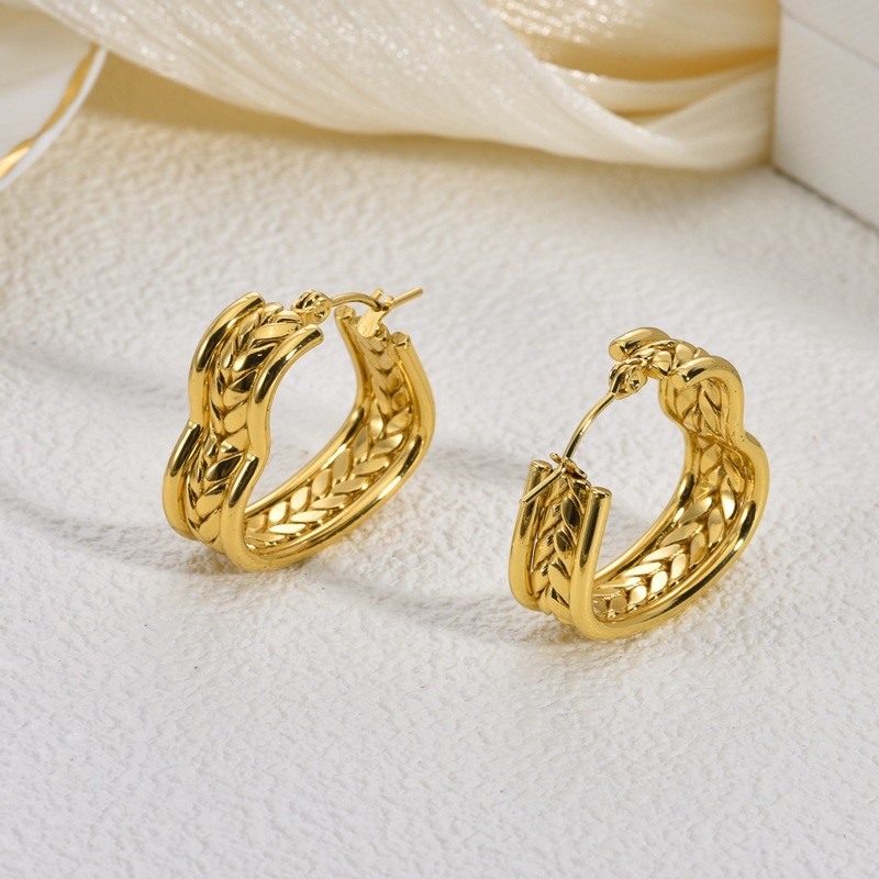Cross-Border Golden Wheat Ear Stainless Steel Earrings Light Luxury Geometric Exaggerated Earrings for Women Niche Asymmetric High-End Sense Stud Earrings