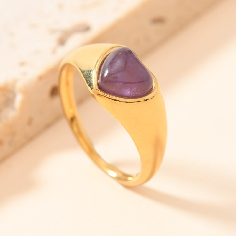 European and American Cross-Border Stainless Steel Jewelry Fashion Cast Heart Inlaid Natural Stone Gemstone Ring Niche Design Jewelry