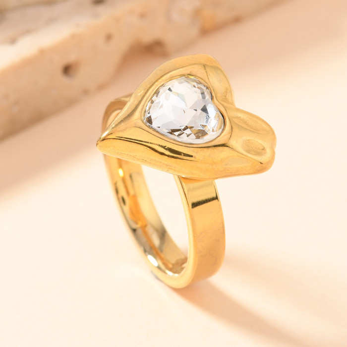 European and American New Style Titanium Steel Jewelry Welded Heart Natural Stone Ring for Women Light Luxury Personality Couple Ring Wholesale Factory