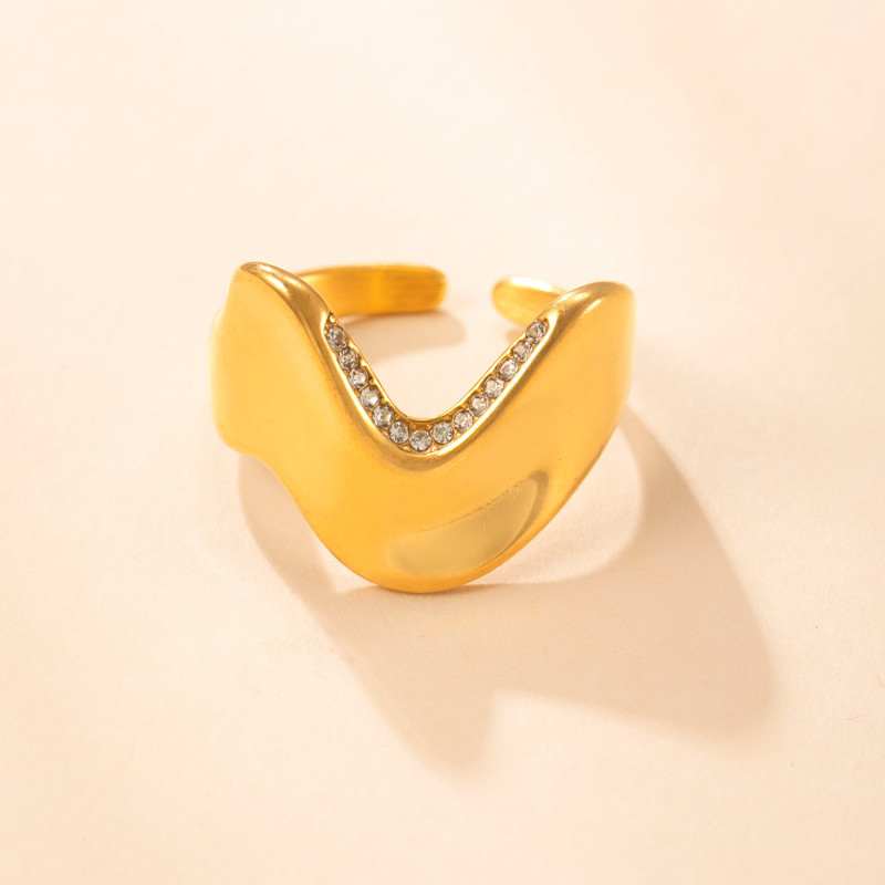 Cross-Border New Stainless Steel Ring Irregular Micro Inlaid Diamond Open Ring Plated 18k Gold Minimalist Style Titanium Steel Jewelry Factory