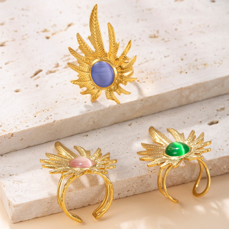 Cross-Border Exclusive Titanium Steel Ring Hydraulic Leaf Inlaid Cat's Eye Stone Couple Rings Light Luxury Adjustable Stainless Steel Jewelry