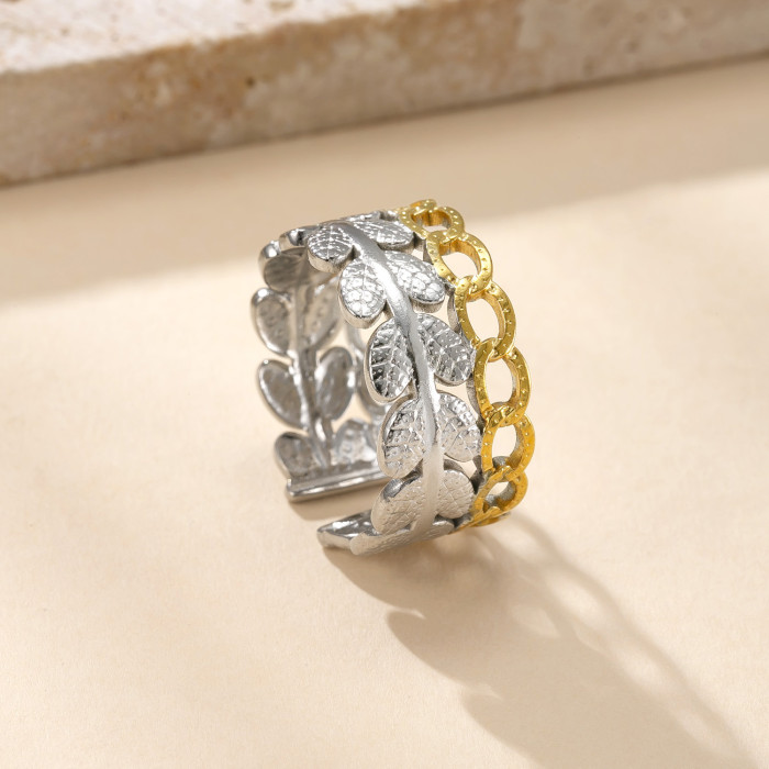 New Titanium Steel Jewelry High-End Feel 18K Gold Plated Open Ring Hydraulic Color-Block Leaf Stainless Steel Ring