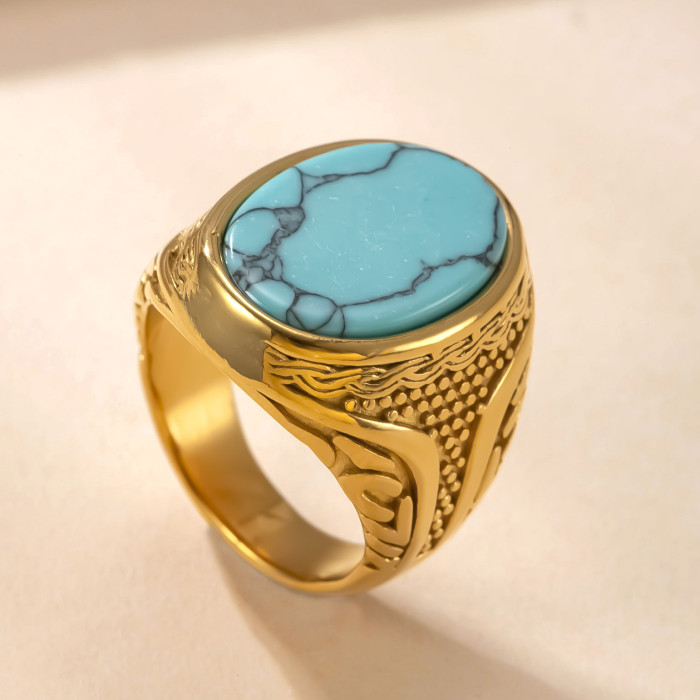 Amazon New Stainless Steel Ring Casting Geometric Blue Turquoise Couple Ring Retro Light Luxury Style Titanium Steel...