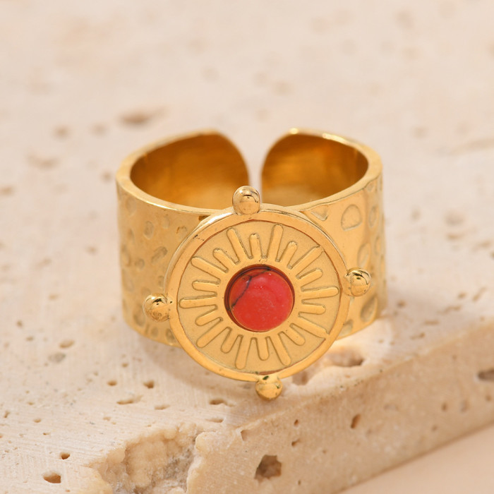 Cross-Border Stainless Steel Jewelry Light Luxury Palace Style Oil Pressure Welding Round Plate Inlaid Turquoise Ring High-End Open Ring