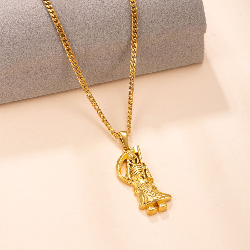 Amazon Cross-Border Stainless Steel Necklace Casting Skull Head Scythe Pendant Hip-Hop Vacuum Electroplated Titanium Steel Jewelry Factory