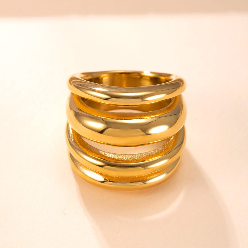 Cross-Border Hot-Selling Stainless Steel Ring for Women, Light Luxury Fashion, 18K Gold Plated Ring, Cast Wide Multi-Layer Titanium Steel Ring