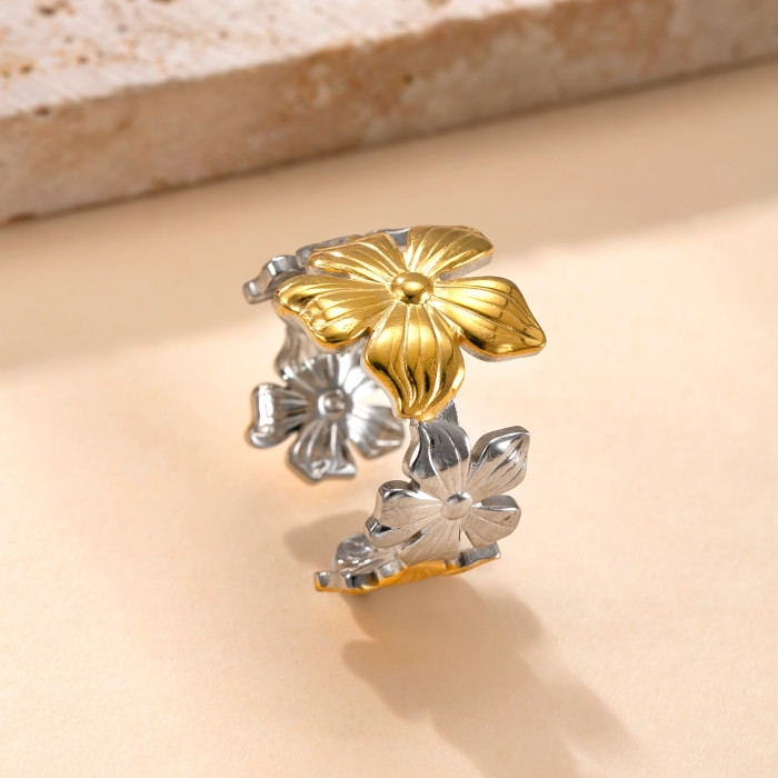 Cross-Border New Stainless Steel Ring Hydraulic Flower Heart Color-Block Ring Niche Design Personality Titanium Steel Jewelry Factory