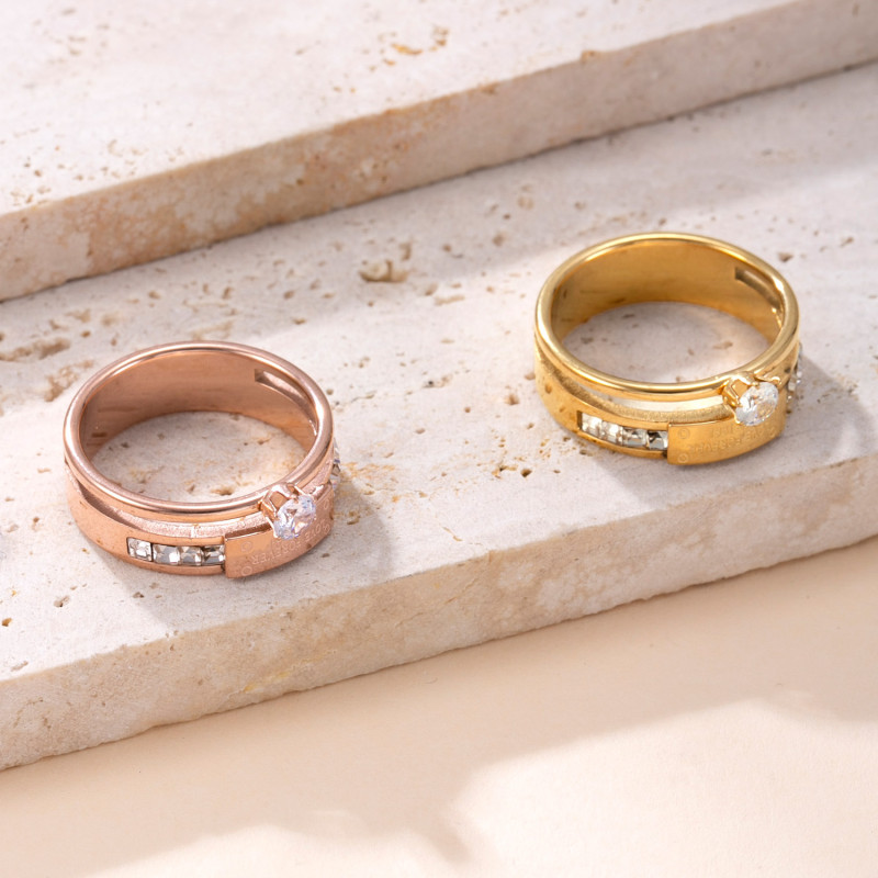 Cross-Border Hot-Selling Stainless Steel Ring Fashionable High-End Couple Rings Double Layer Welded Brand Engraving Six-Prong Diamond Inlaid Ring