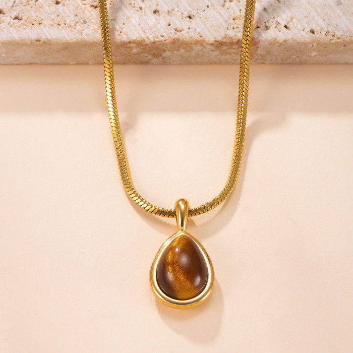 Single Pendant Casting Water Drop Natural Stone Stainless Steel Necklace Accessories Vintage Light Luxury DIY Titaniu...