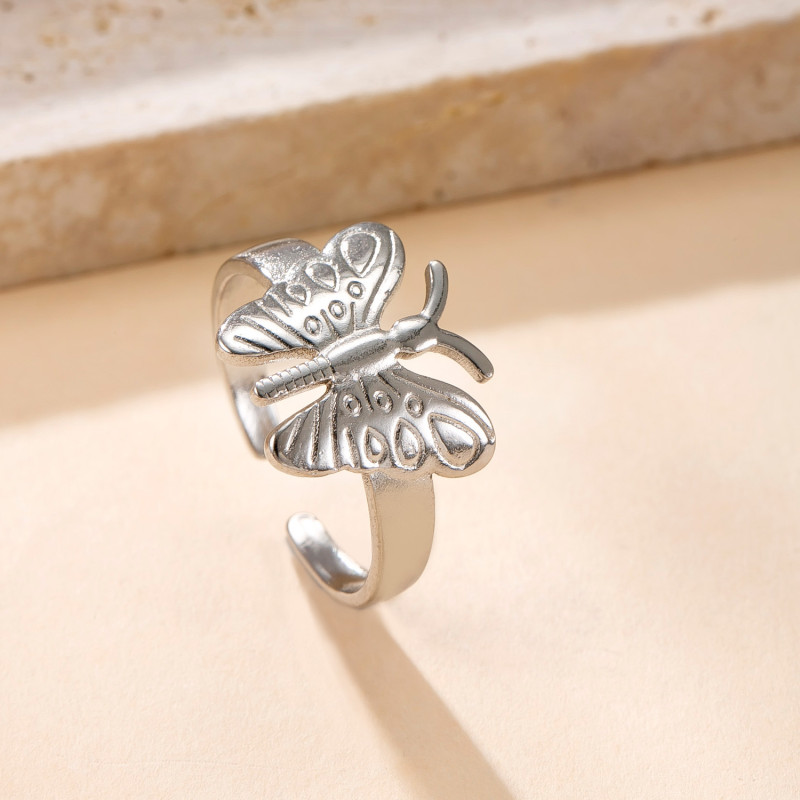 Cross-Border New Stainless Steel Ring Hydraulic Heart Butterfly Open Ring for Women Niche Design Light Luxury Titanium Steel Jewelry
