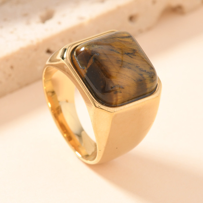 New Style Stainless Steel Ring Casting Tiger Eye Stone Geometric Ring Vintage Style Couple Rings Wholesale Manufacturer